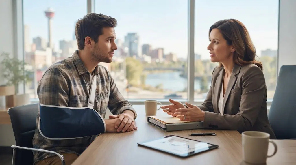 Injured man wearing an arm sling consulting with a female lawyer during a meeting in a professional office.