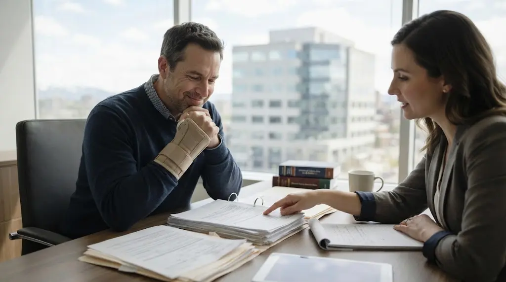 Injured man wearing a wrist brace reviewing legal documents with a female lawyer during a consultation in an office.